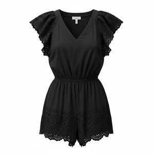 La Vie Rebecca Taylor Black Eyelet Romper Med Broderie Anglaise Flutter Sleeve